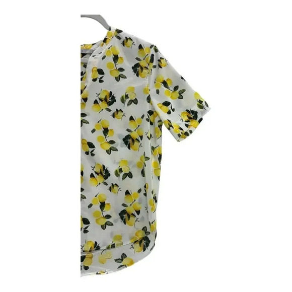 Dalia Womens M White Yellow Hi Low Lemons Popover Top Blouse Roll Tab Sleeve - Picture 3 of 7